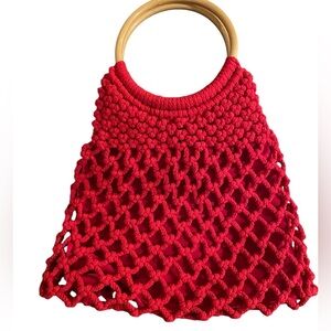 VENUS Red Cotton Crochet "Shopping" Bag w/ Wooden Handles - EUC